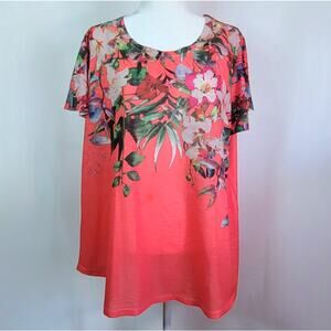 Time and Tru Coral Floral Watercolor Sublimation Print Top Women's XXL Lace Back